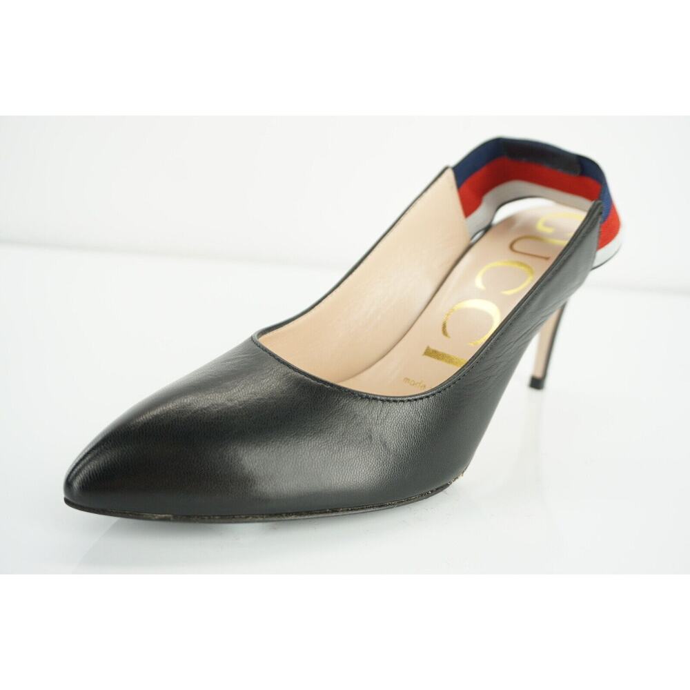 Gucci Sylvie Black Leather Web Strap Pointed Toe Slingback Pumps Size 35 $695 - Picture 1 of 9